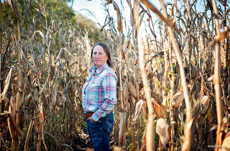 An image of farmer Angela Schenk standing for a portrait in a crop of corn.