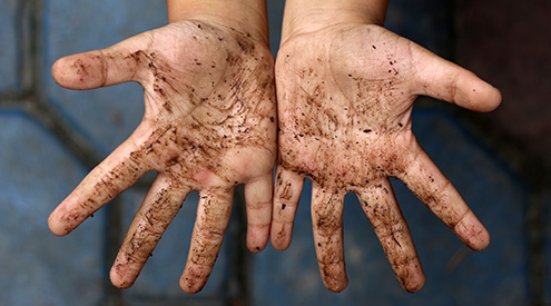 close-up of the dirt-covered palms of a young boy