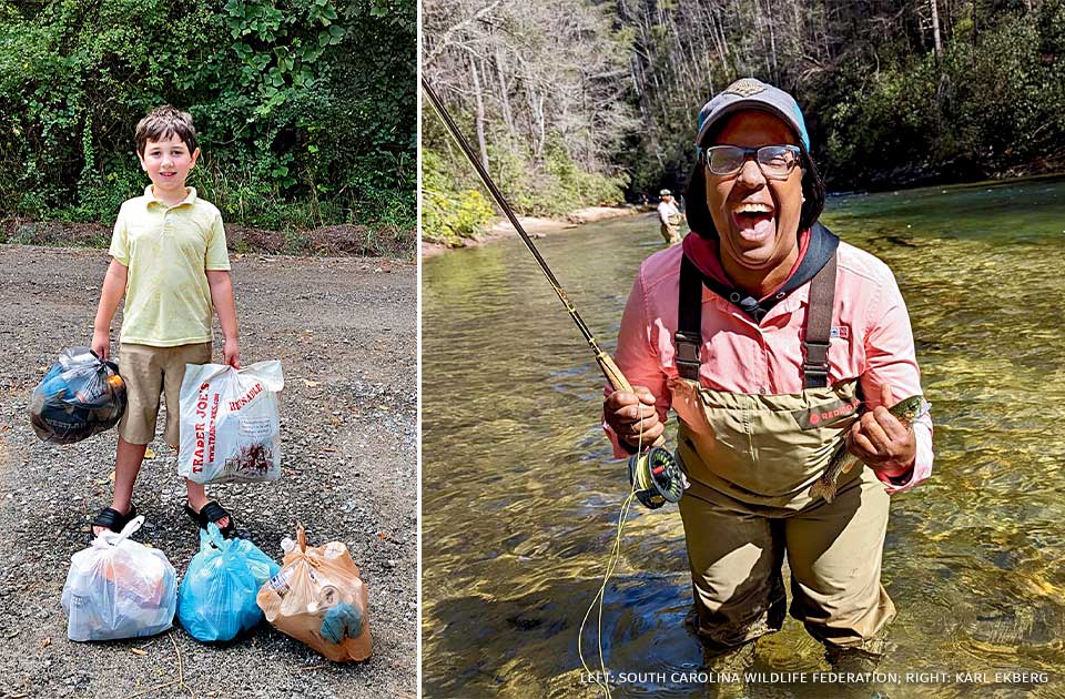 A collage which contains an image of a child standing with bags of litter and an image of a person posing excitedly with a fishing pole and their catch.