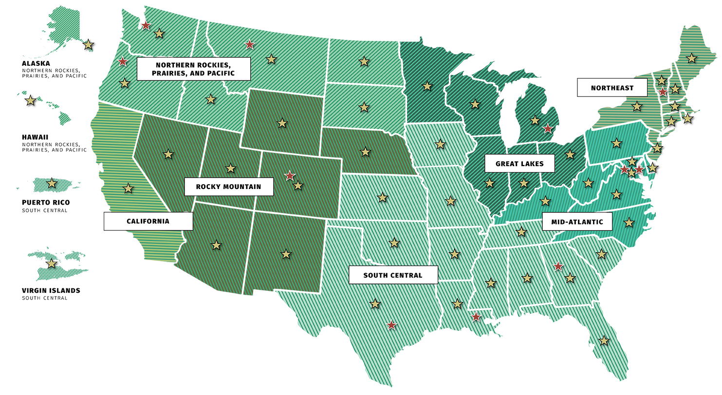 National Wildlife Federation Regional Centers and Affiliates Map